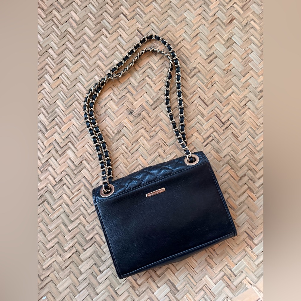 REBECCA MINKOFF BLACK LEATHER QUILTED PURSE 2 WAY SHOULDER CROSSBODY GOLD CHAIN - Picture 11 of 13